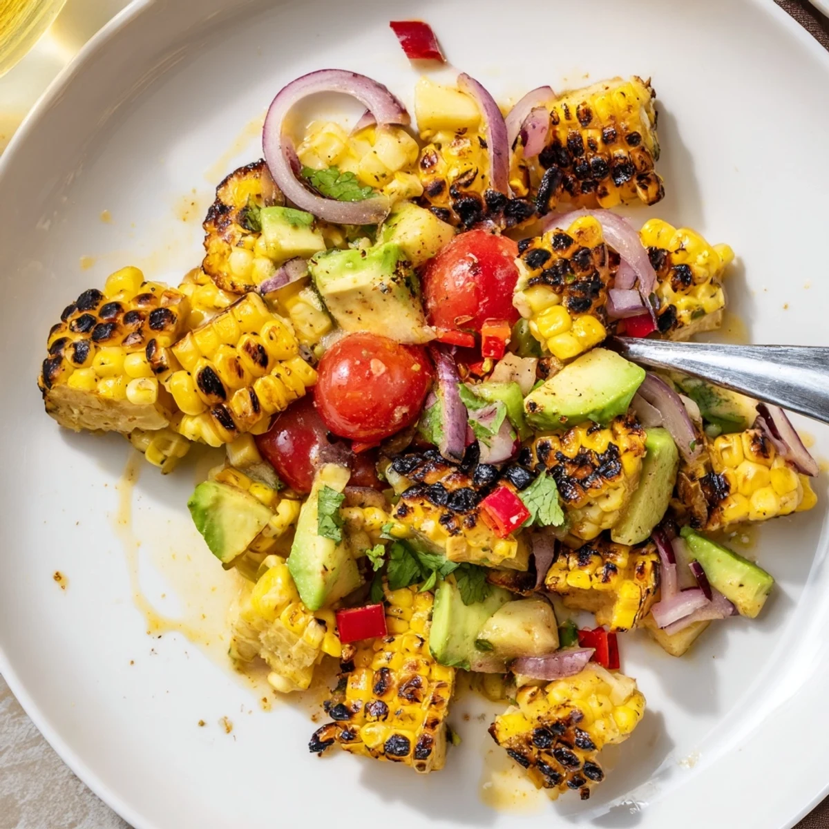 Bright Tropical Charred Corn And Avocado Salad served chilled, topped with cilantro