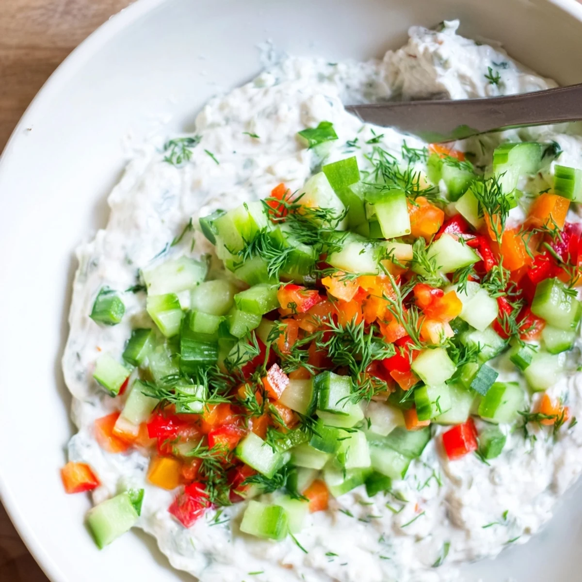 Creamy Garden Vegetable Spread Recipe on crackers, vibrant colors and herbs.