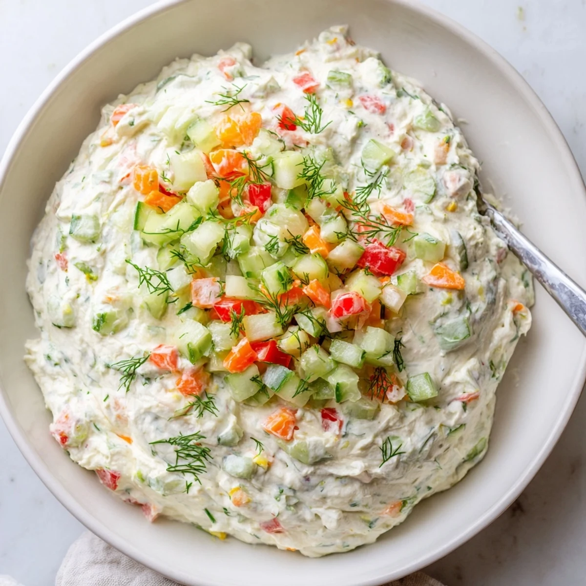 Chilled Garden Vegetable Spread Recipe in bowl, crisp cucumber and dill.