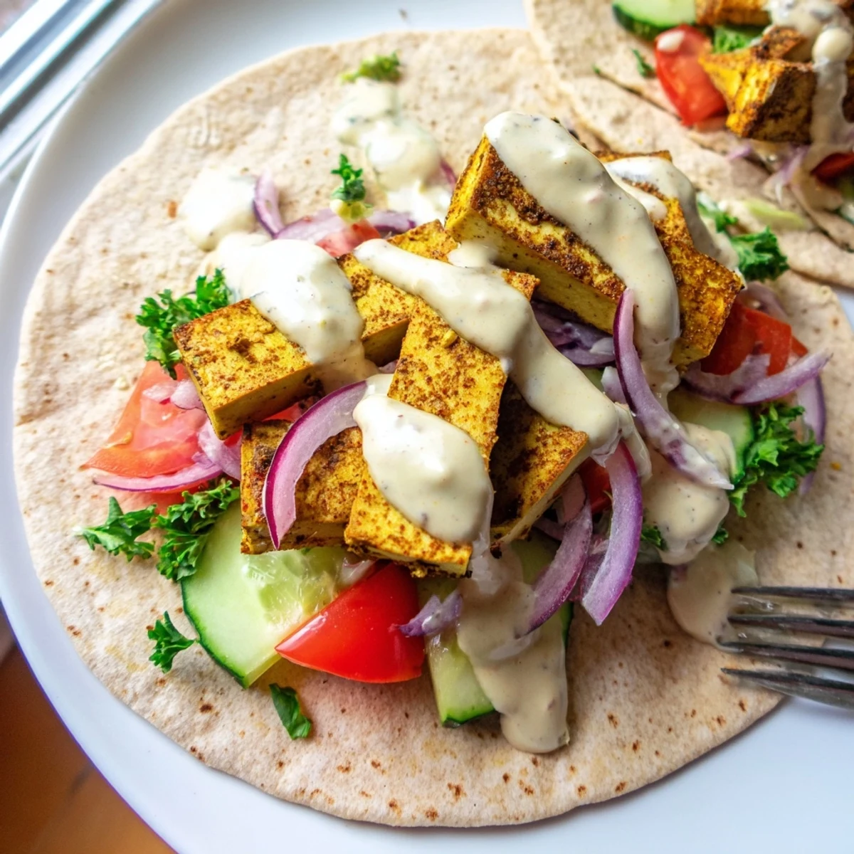 Crispy golden tofu shawarma slices nestled in warm pita with fresh vegetables and creamy tahini drizzle.