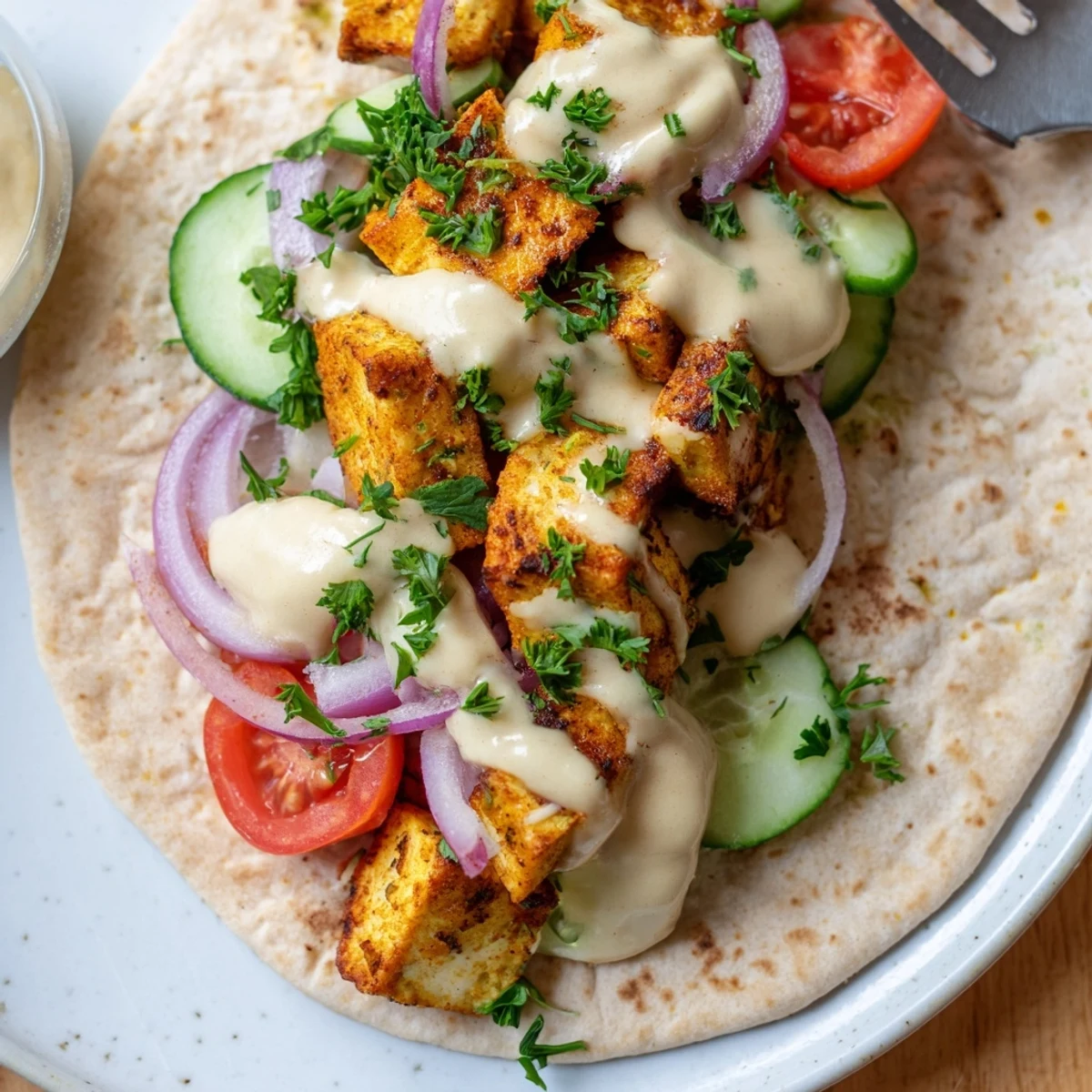Spiced tofu shawarma roasted until caramelized, served on flatbread with diced cucumber, tomato, and tangy sauce.
