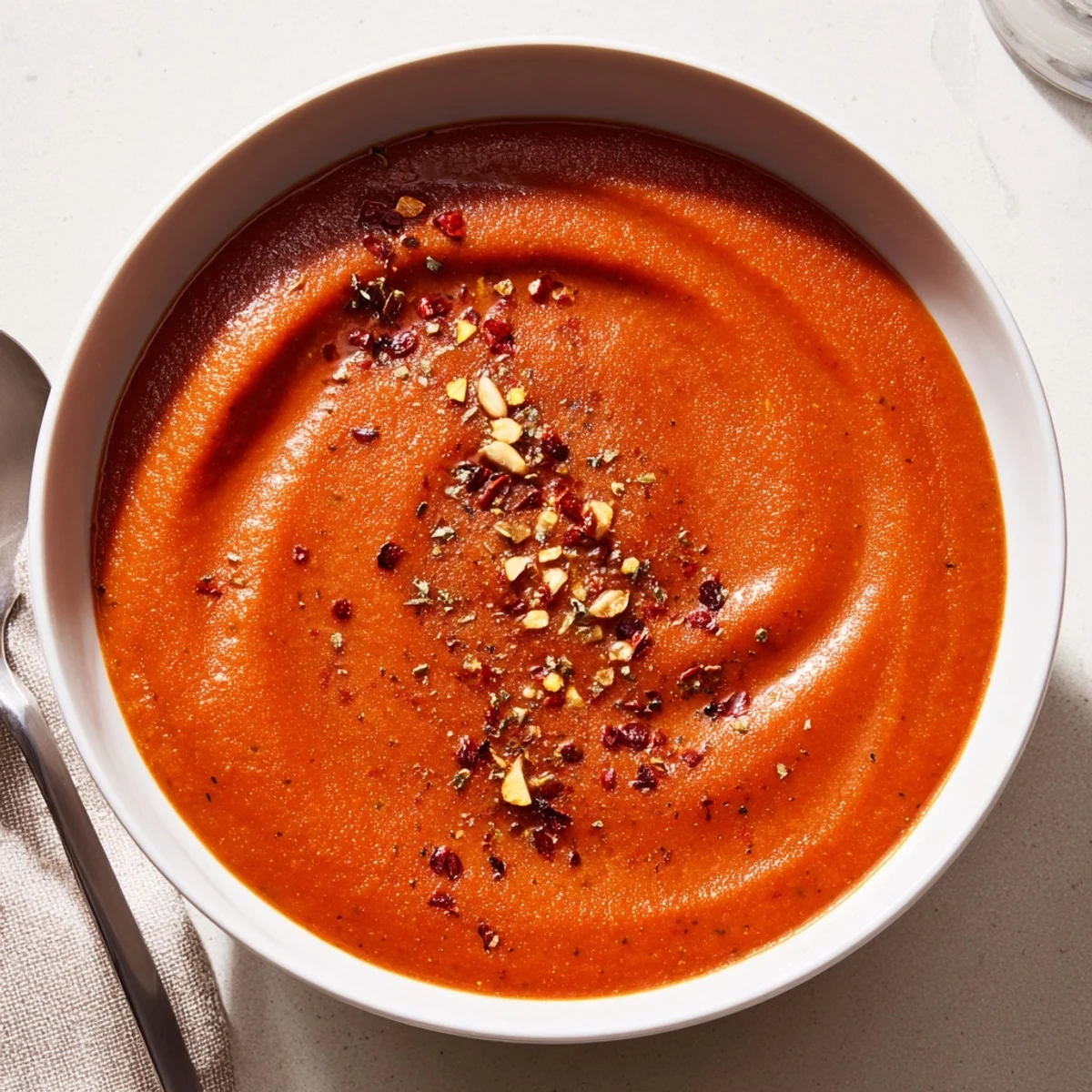 Creamy high protein tomato soup swirled with cottage cheese and fresh basil
