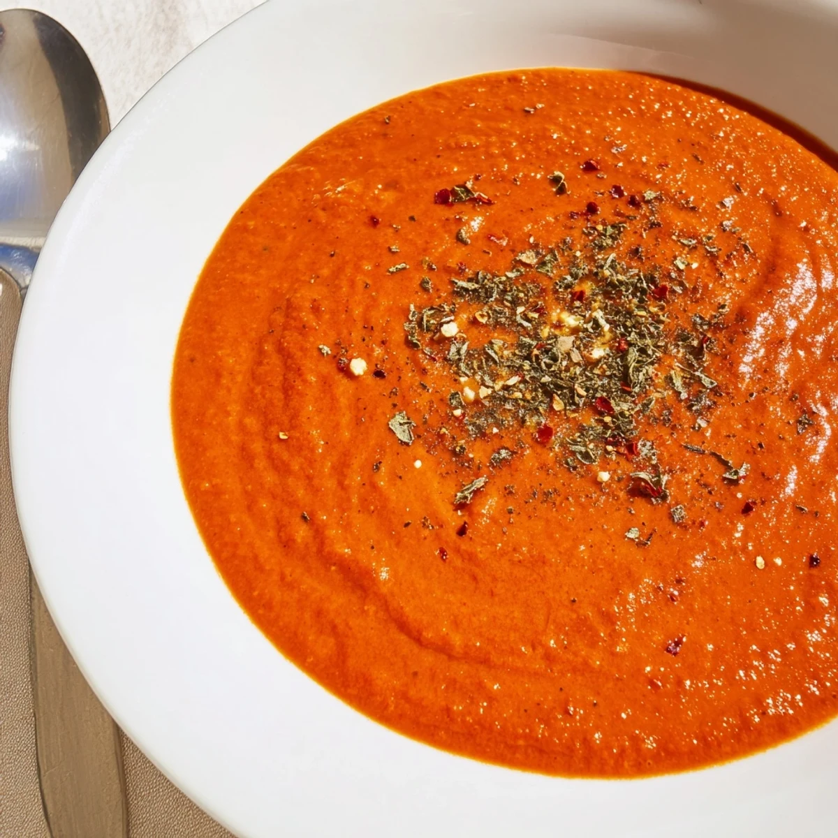 Velvety high protein tomato soup topped with chili flakes in a rustic ceramic bowl