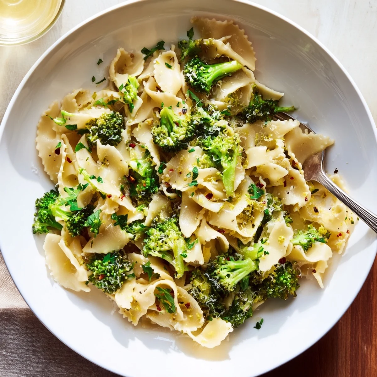 Creamy Mafaldine Limone Broccoli Pasta twirled on a plate with fresh lemon zest and parsley garnish