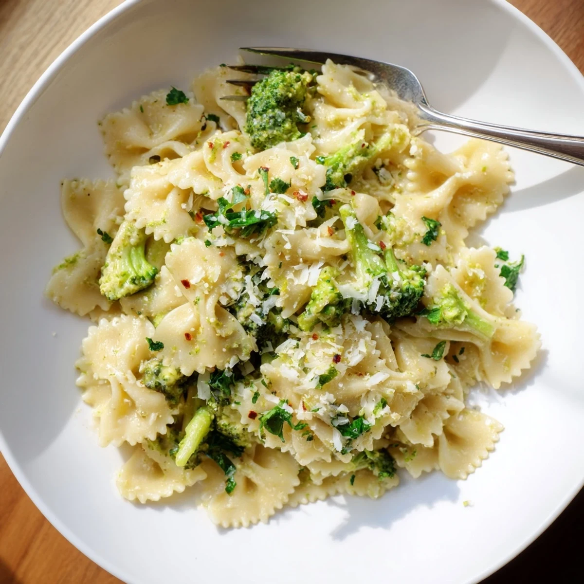 Steaming bowl of Mafaldine Limone Broccoli Pasta topped with grated Parmesan and a sprinkle of chili flakes