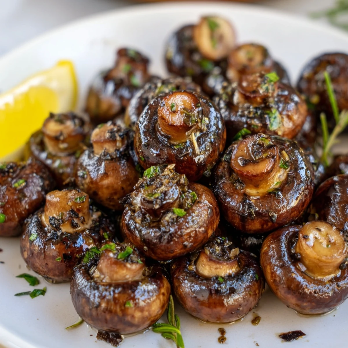 Golden sautéed grilled garlic mushrooms glistening with butter and fresh parsley