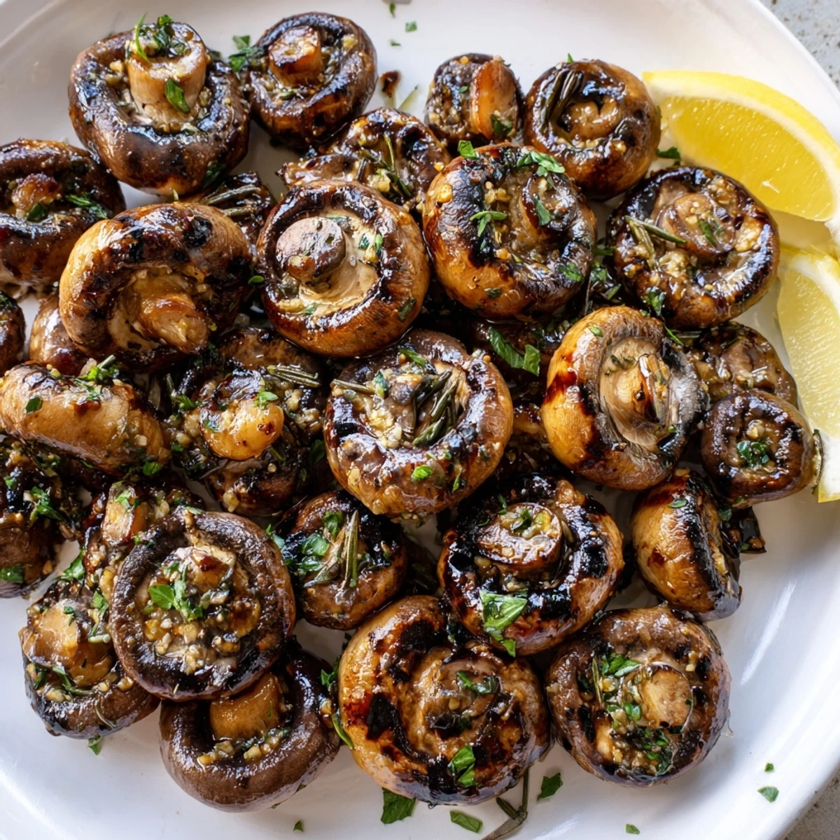 Smoky grilled garlic mushrooms in a cast iron skillet with herbs