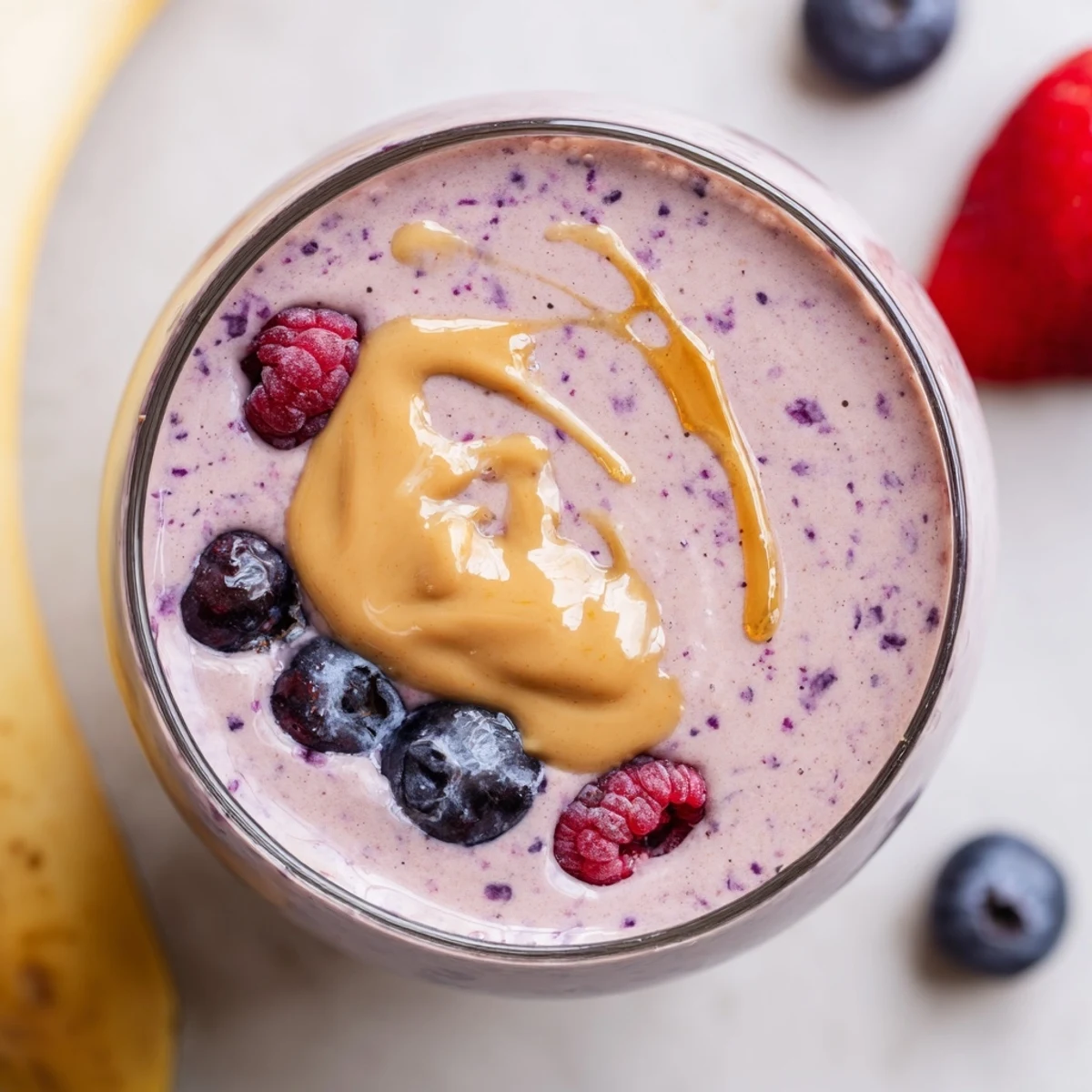 Thick purple peanut butter berry smoothie topped with fresh strawberries and granola