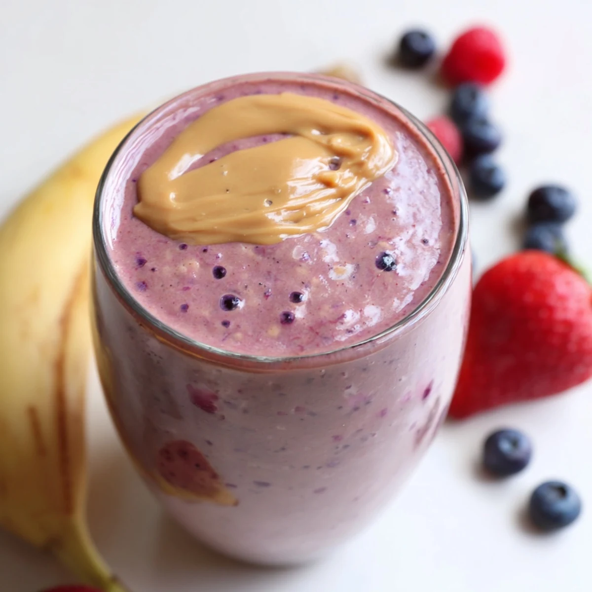 Creamy peanut butter berry smoothie poured into a glass with berry garnish