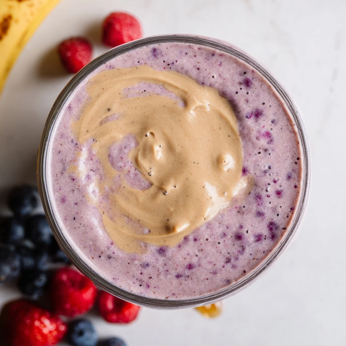 Rich peanut butter berry smoothie swirled with purple berry streaks in a mason jar