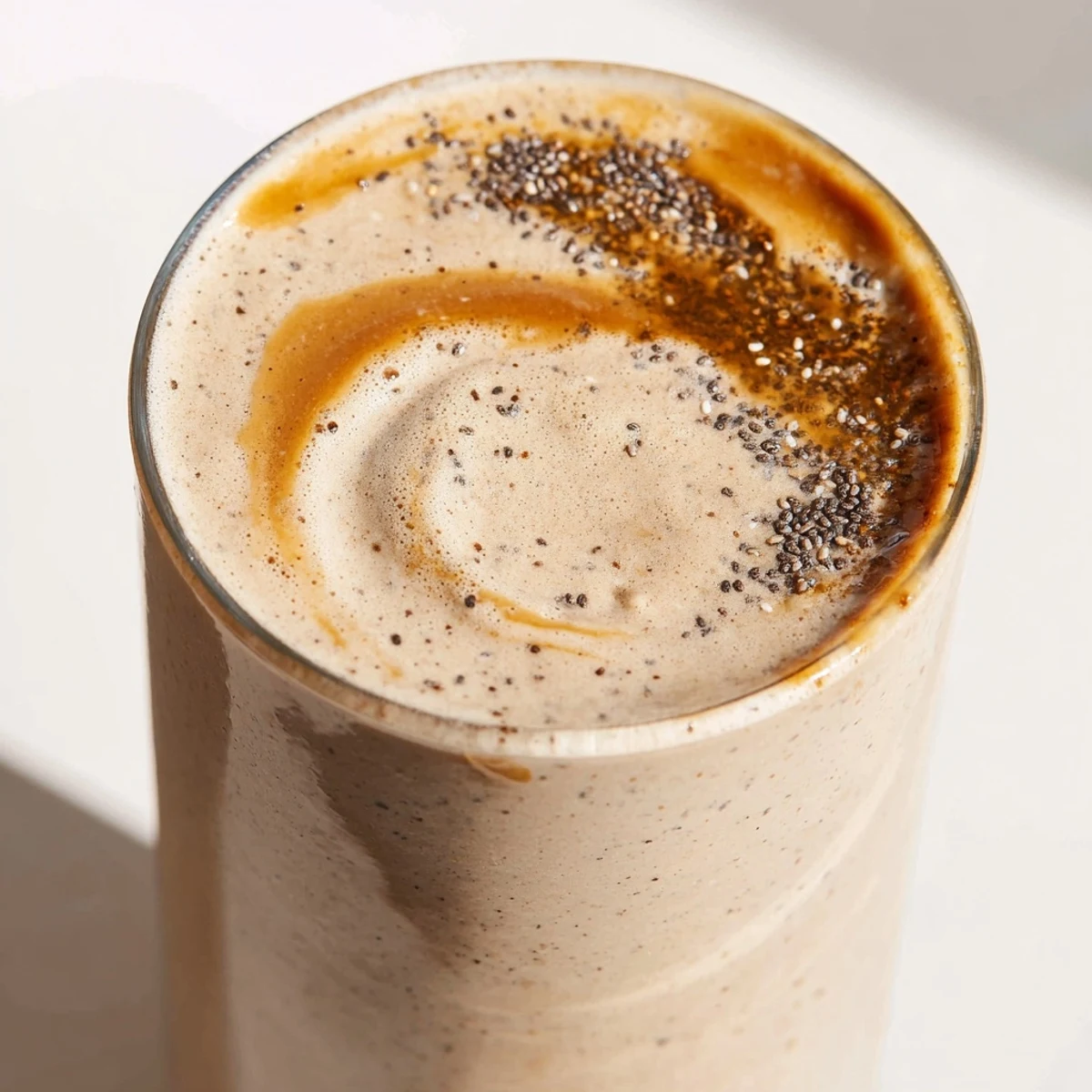 Thick blended banana protein coffee smoothie poured over ice for morning energy
