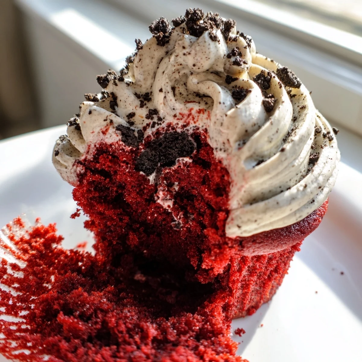 Red Velvet Oreo Cupcakes topped with creamy frosting and cookie crumbs on a rustic plate