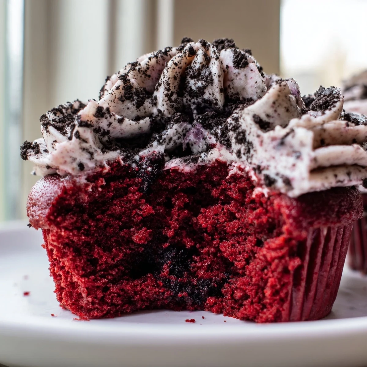 Bright red Red Velvet Oreo Cupcakes piped high with tangy frosting and garnished with crumbled Oreos