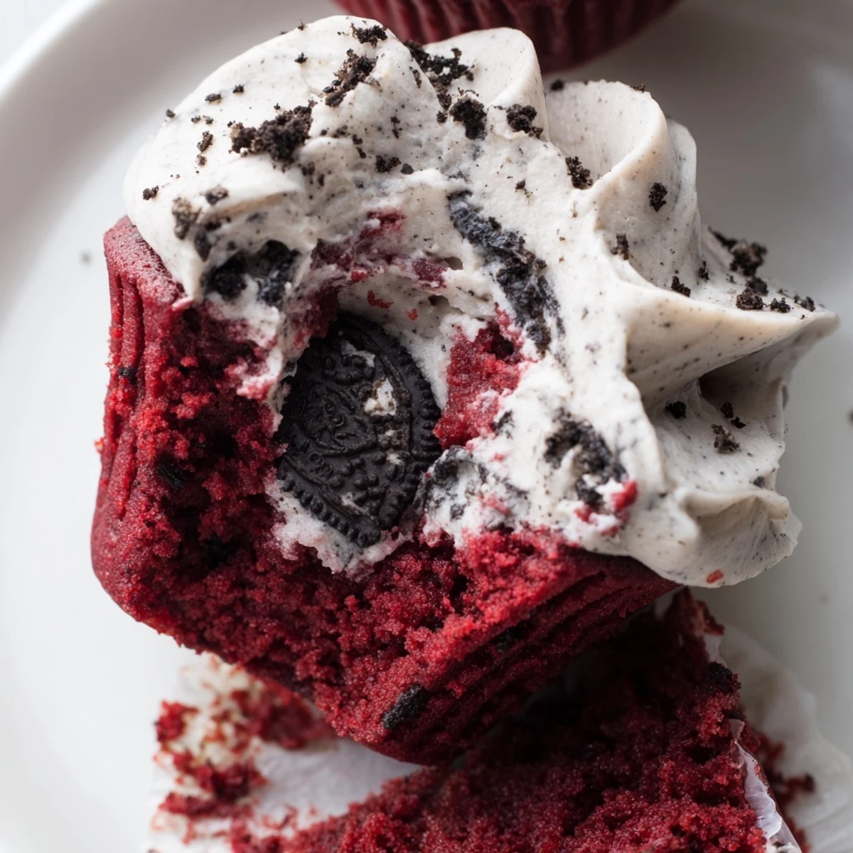 Soft Red Velvet Oreo Cupcakes with thick cream cheese frosting and chopped cookie pieces