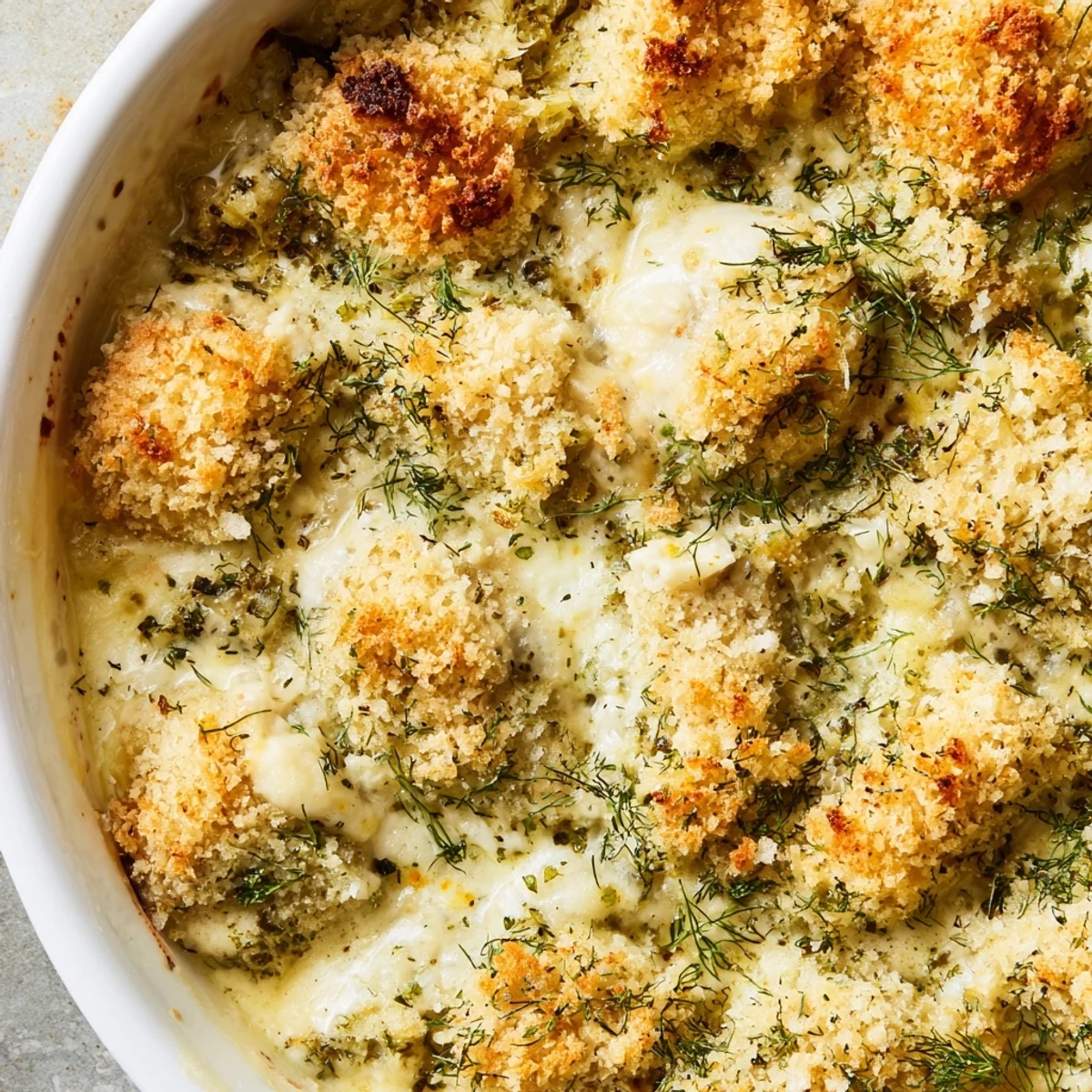 Golden crispy Chicken Kiev Casserole fresh from oven with bubbling herb butter sauce