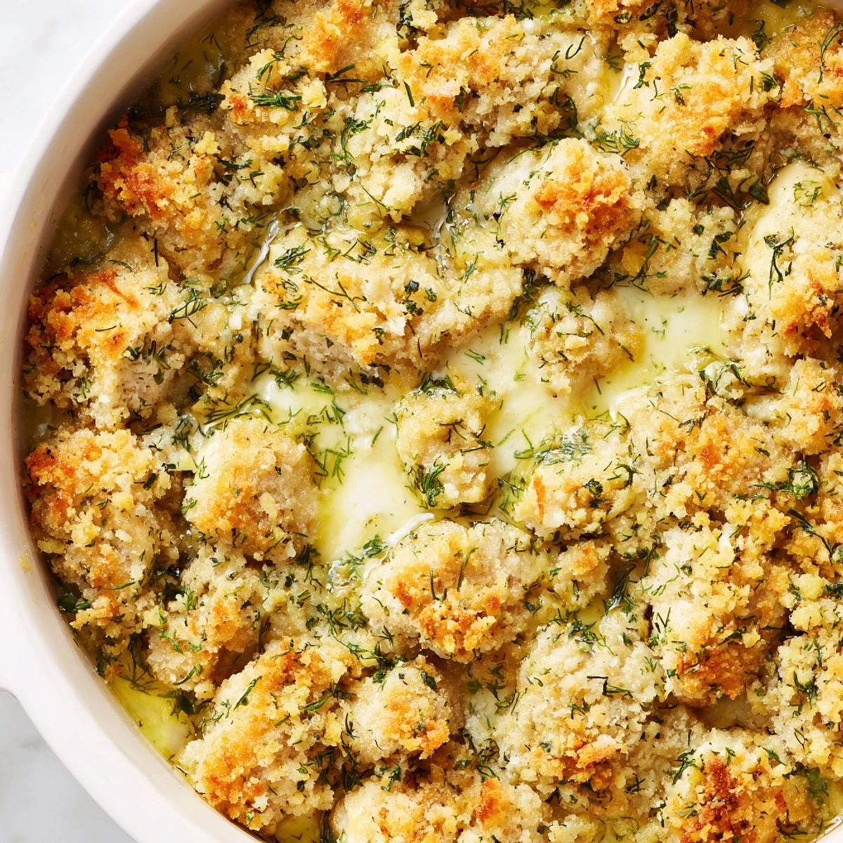 Creamy Chicken Kiev Casserole topped with crunchy panko and melted mozzarella cheese