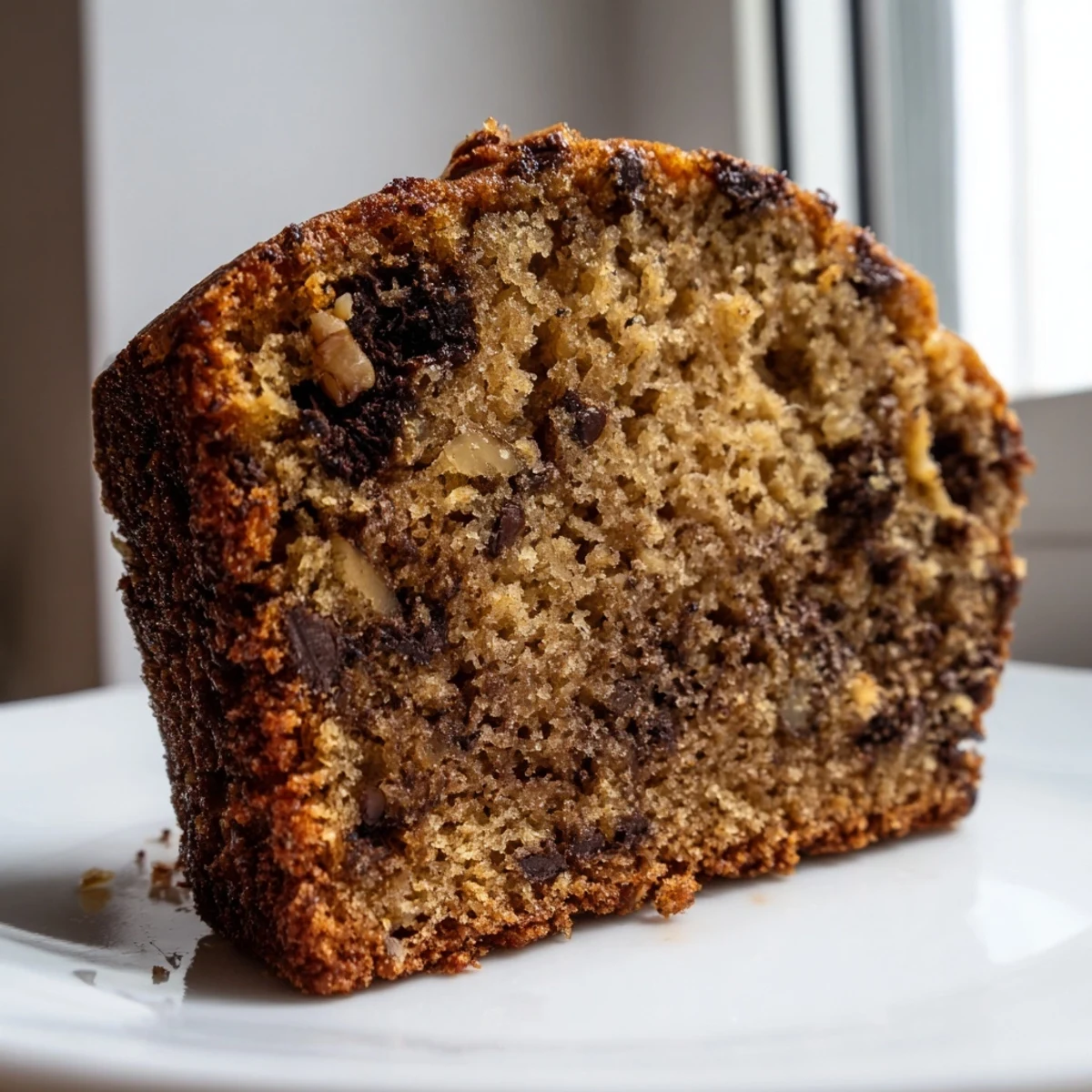 A golden banana cake slice topped with creamy frosting on a white plate.