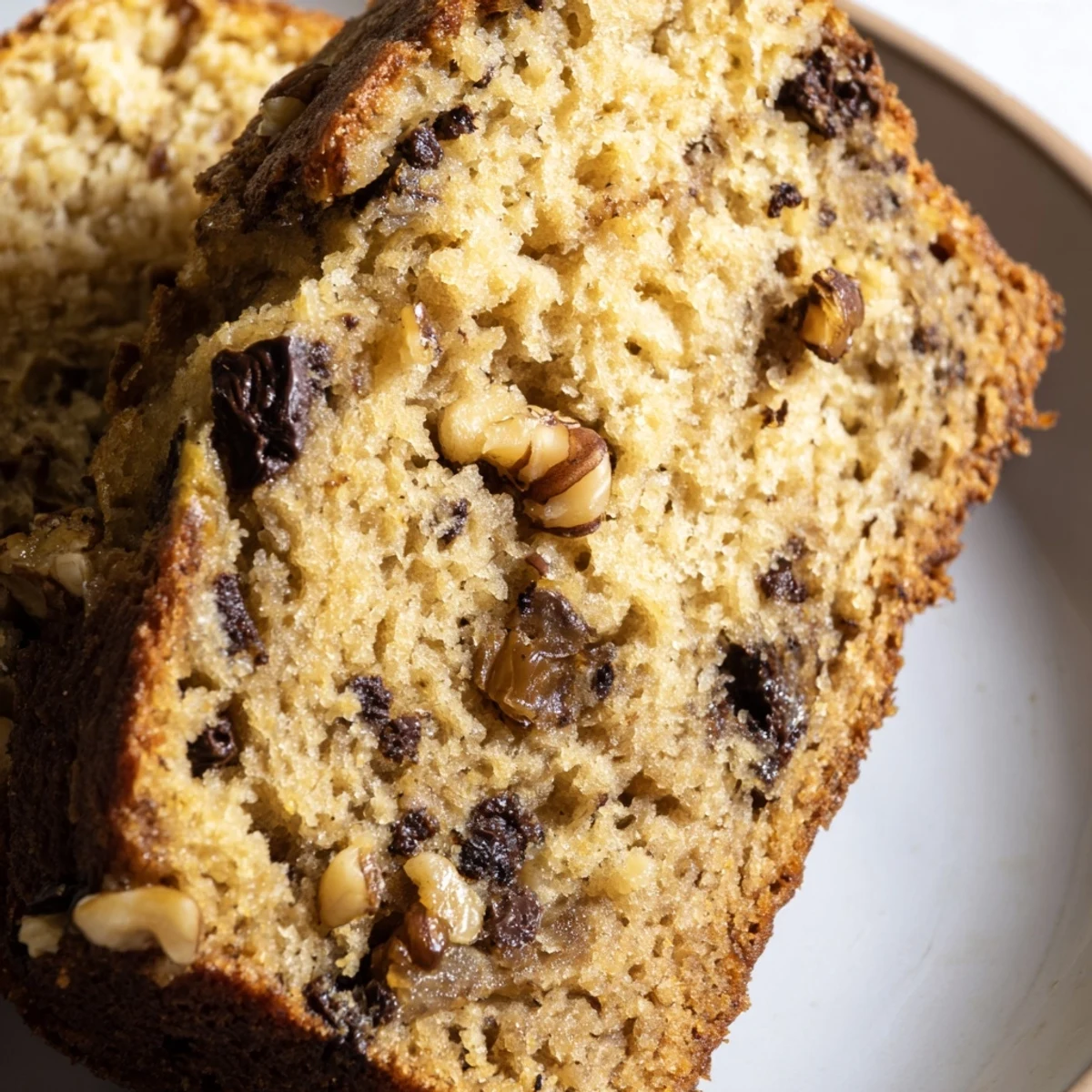 Homemade banana cake served on a rustic plate with a warm crumb texture.