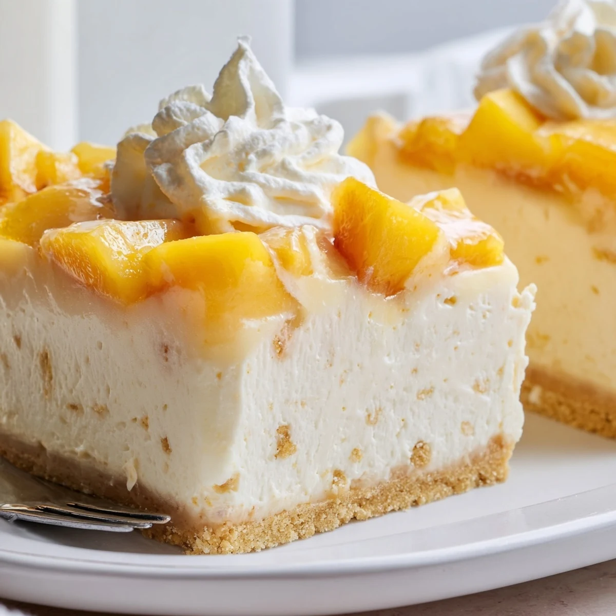 Creamy peaches and cream cheesecake bars sliced with golden buttery graham crust