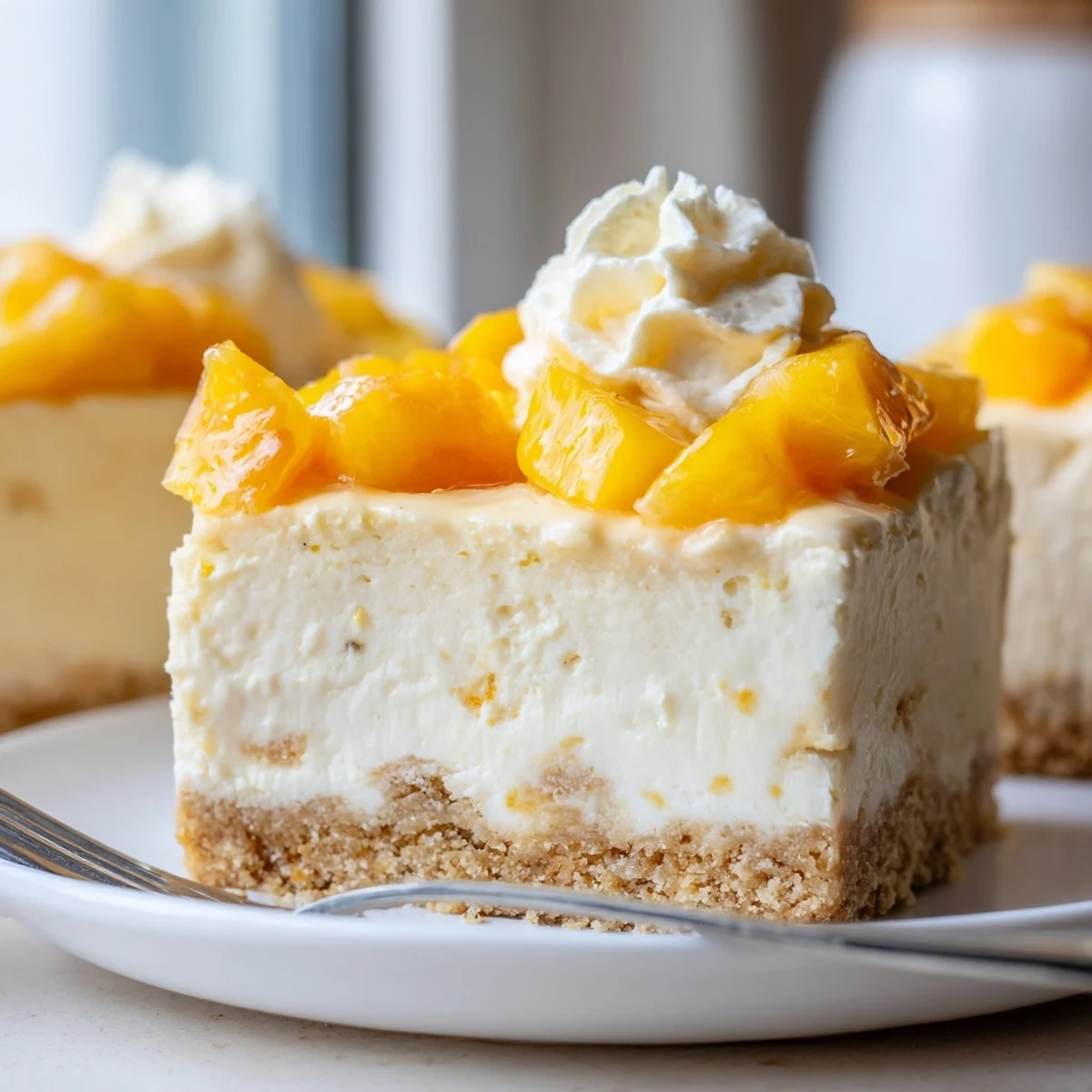 Chilled peaches and cream cheesecake bars topped with fresh ripe peach slices