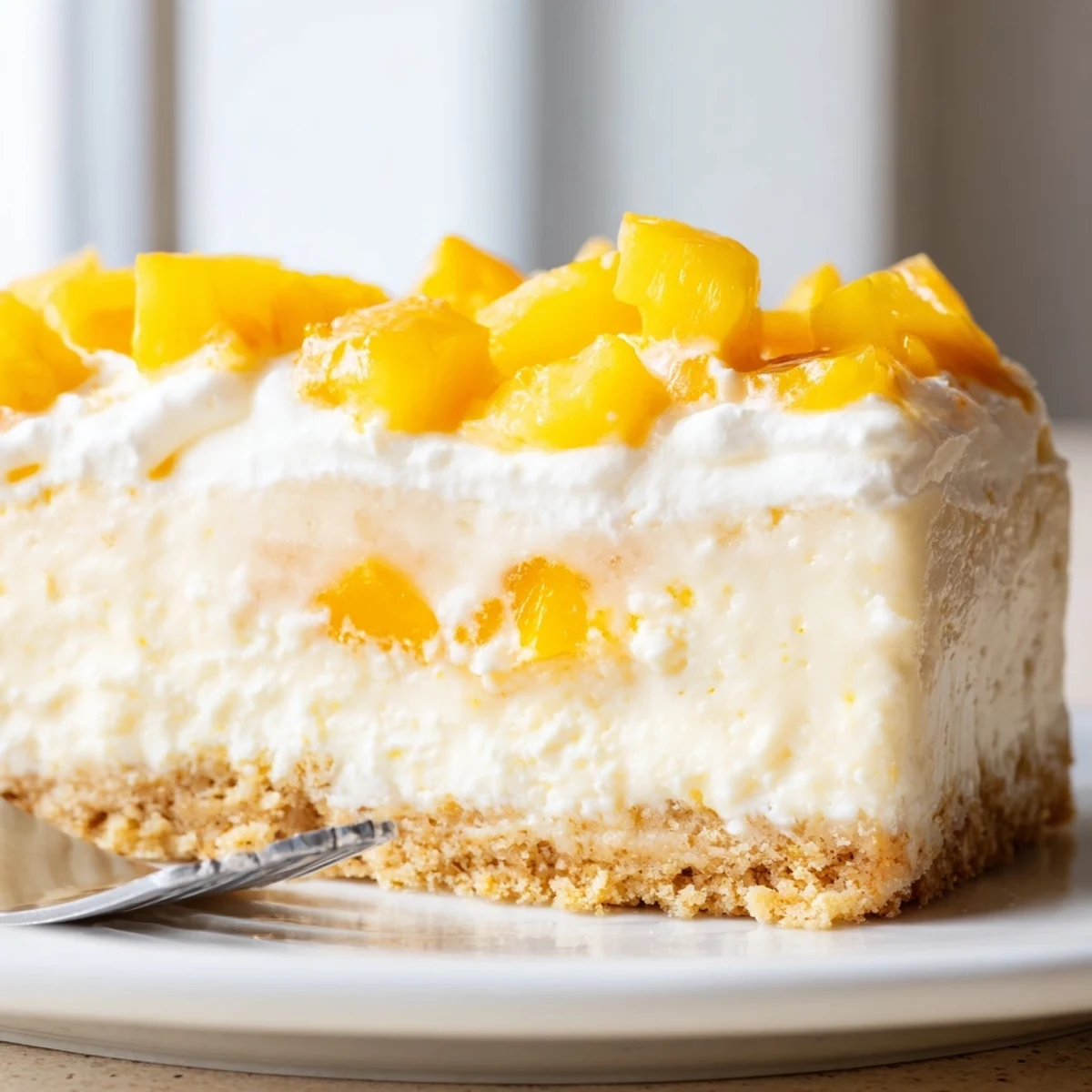 Velvety peaches and cream cheesecake bars with whipped cream on a summer dessert plate