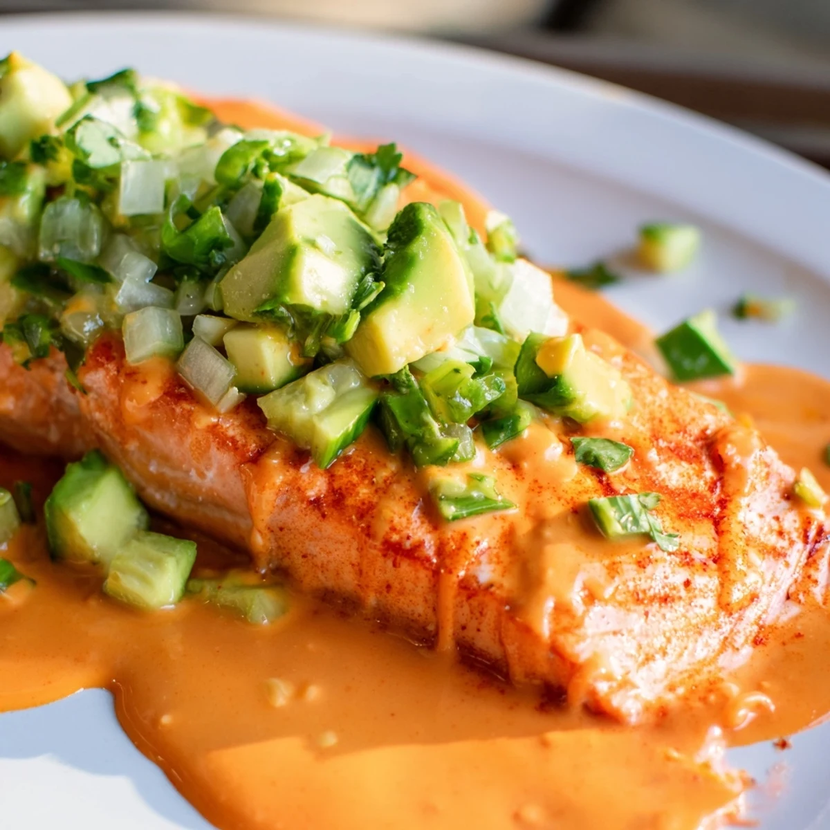 Golden baked bang bang salmon topped with cool avocado cucumber salsa on a white plate