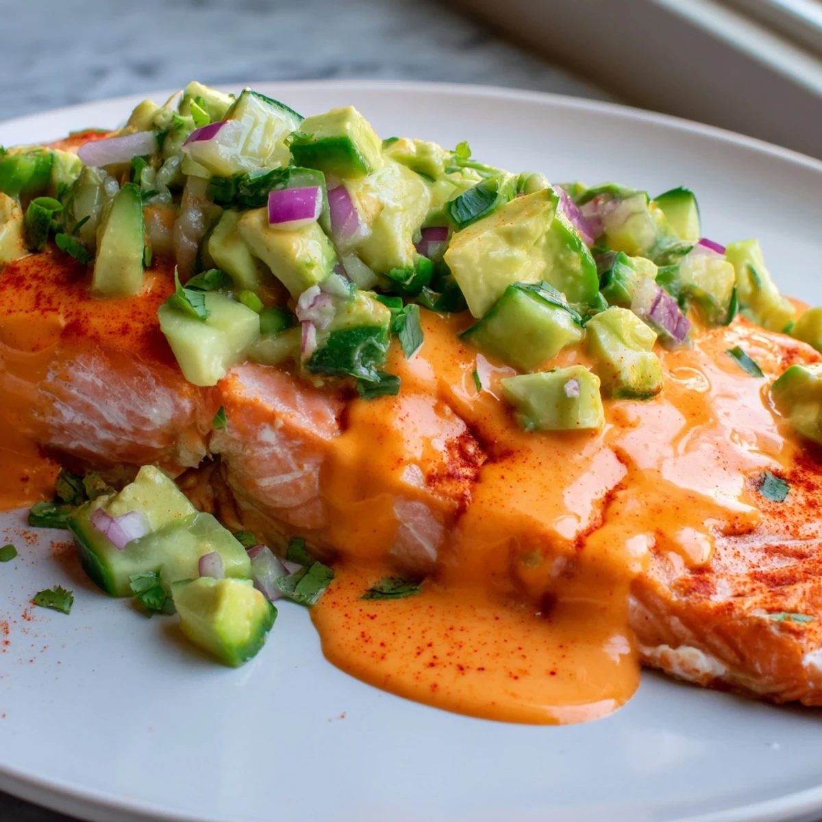 Spicy glazed bang bang salmon garnished with fresh avocado cucumber salsa and lime wedges