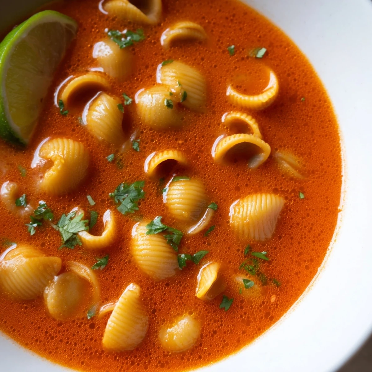 Steaming bowl of sopa de conchas with golden toasted shells in rich tomato broth