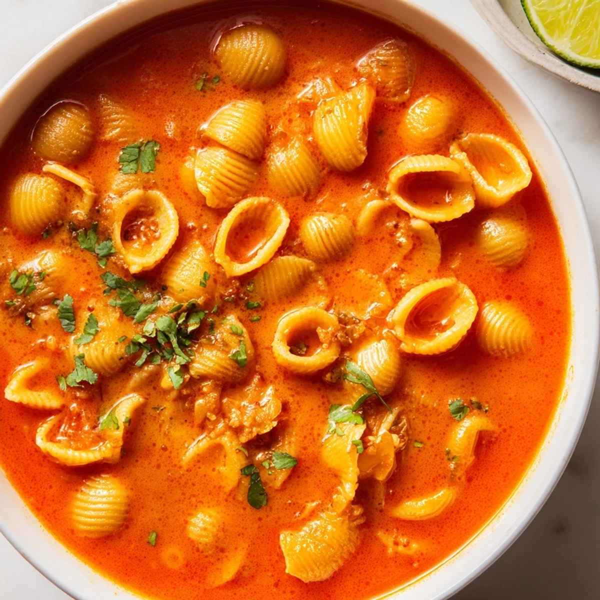 Sopa de conchas served hot topped with fresh cilantro and lime wedges