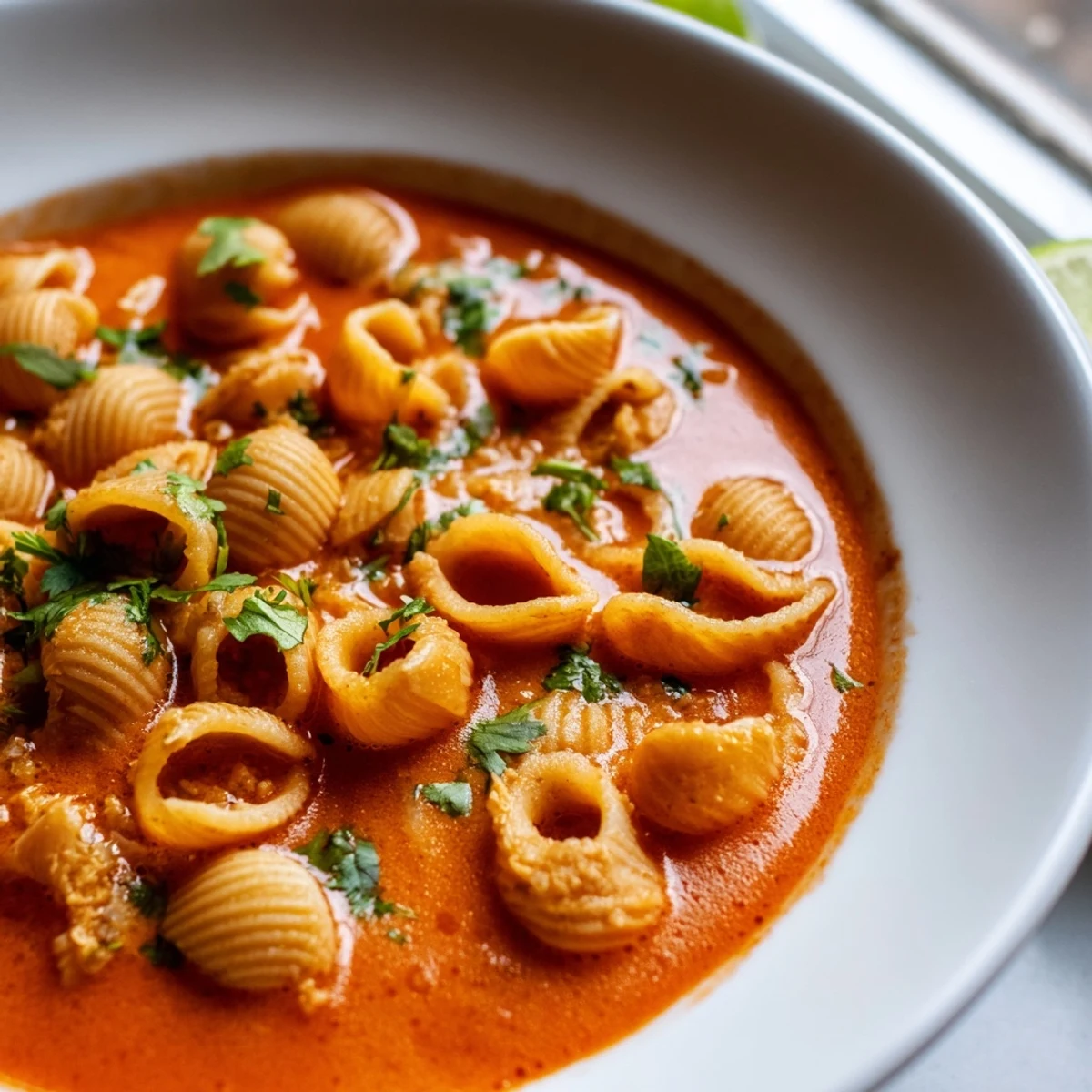 Comforting sopa de conchas featuring plump shell pasta in vibrant red tomato soup