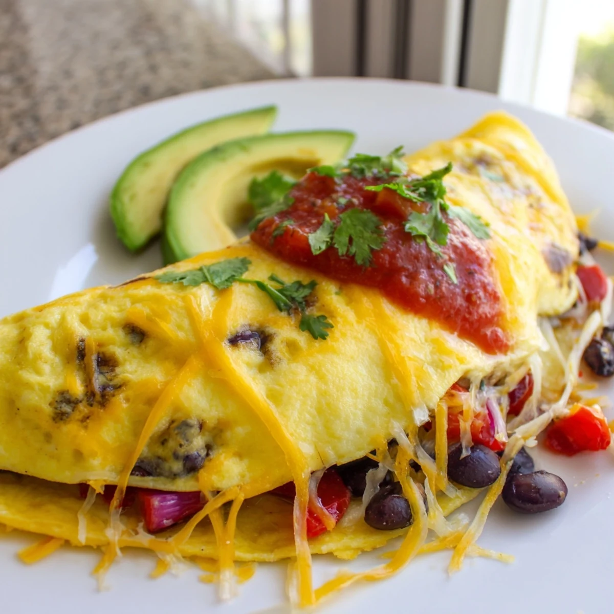 Golden Mexican omelette folded over melted cheese, beans, and colorful sautéed vegetables