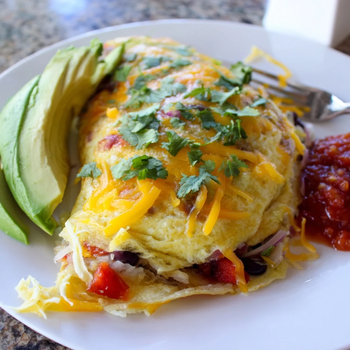 Fluffy Mexican omelette topped with fresh avocado slices, salsa, and bright cilantro garnish