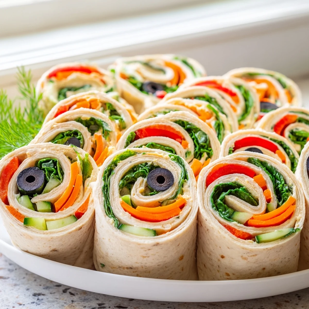 Colorful vegan picnic hummus veggie pinwheels sliced on a white serving platter