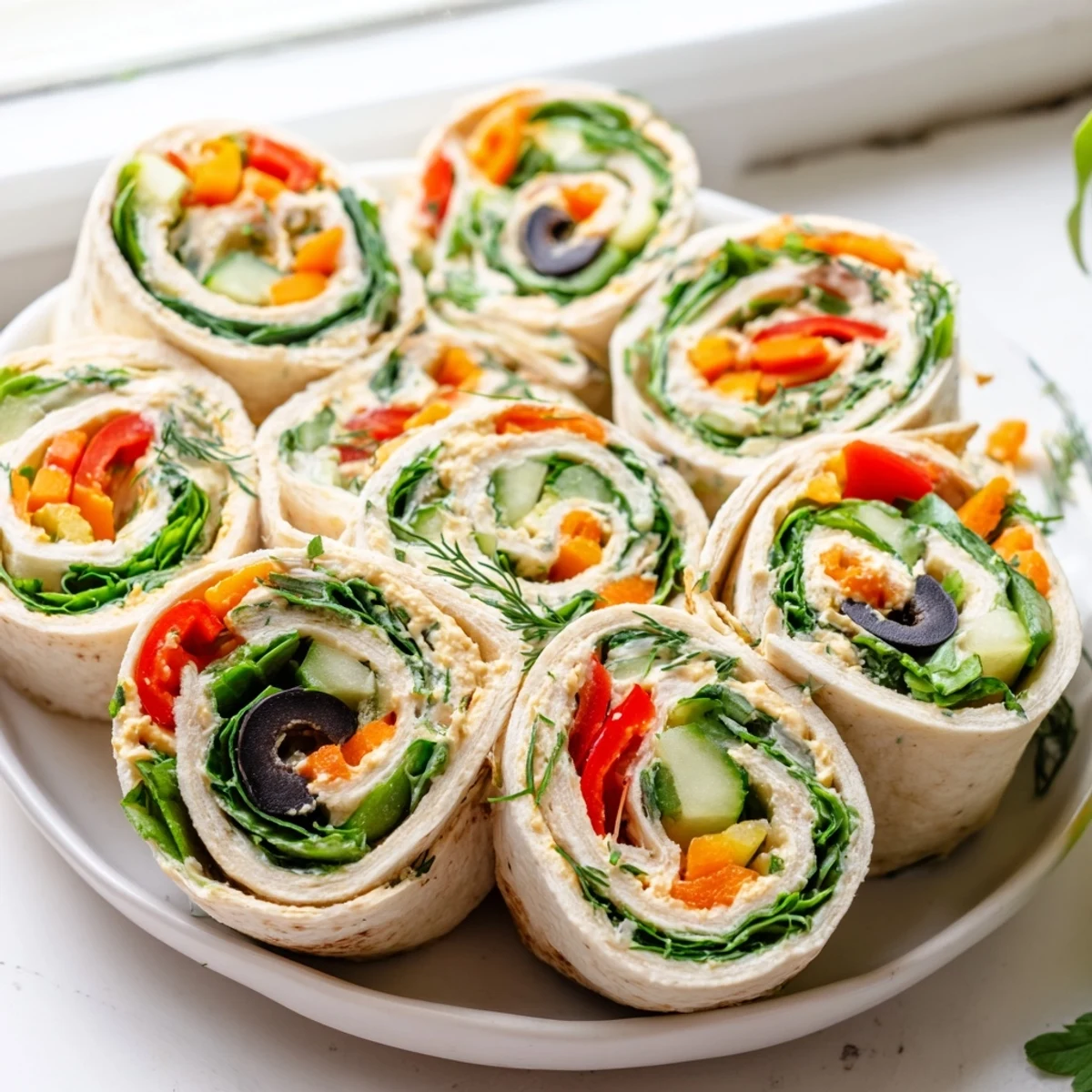 Spiral-cut vegan picnic hummus veggie pinwheels showing crisp peppers and creamy filling