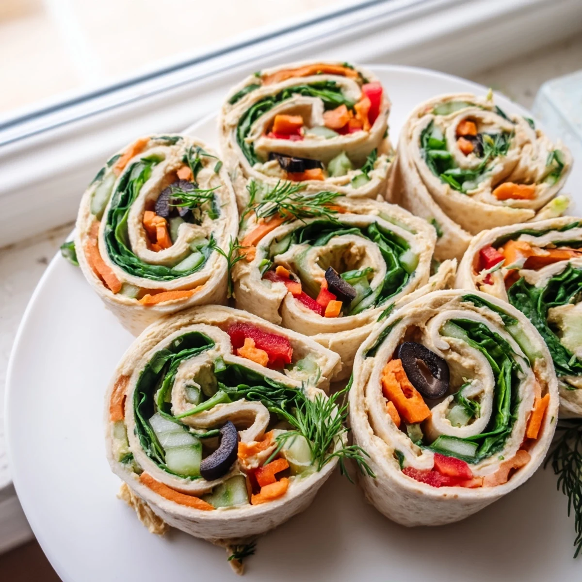 Tightly rolled vegan picnic hummus veggie pinwheels garnished with fresh herbs on a plate