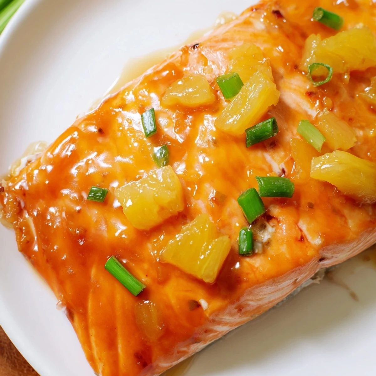 Caramelized honey pineapple glazed salmon topped with diced pineapple chunks on a white dinner plate