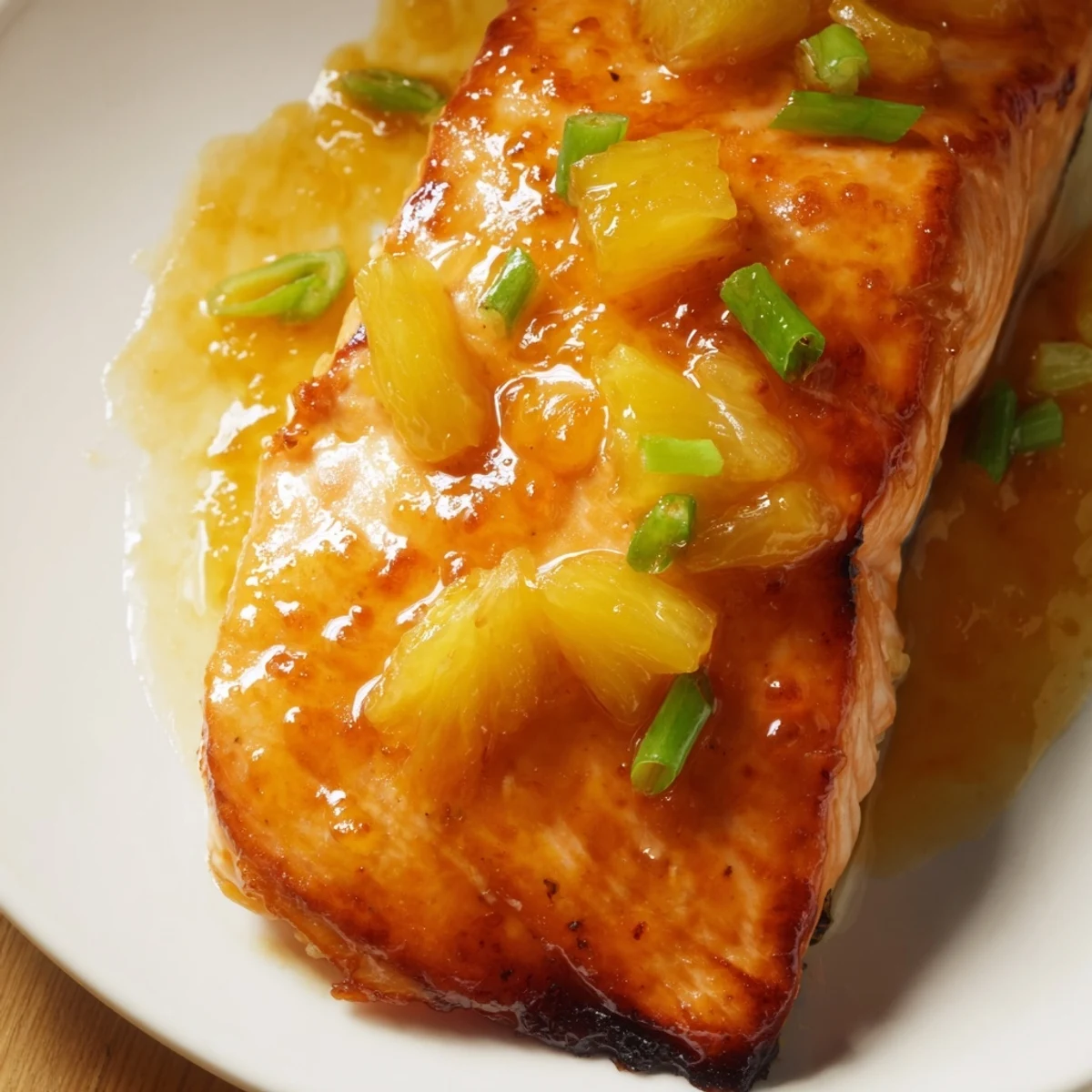 Golden honey pineapple glazed salmon fillets glistening with sticky sweet sauce on a baking sheet