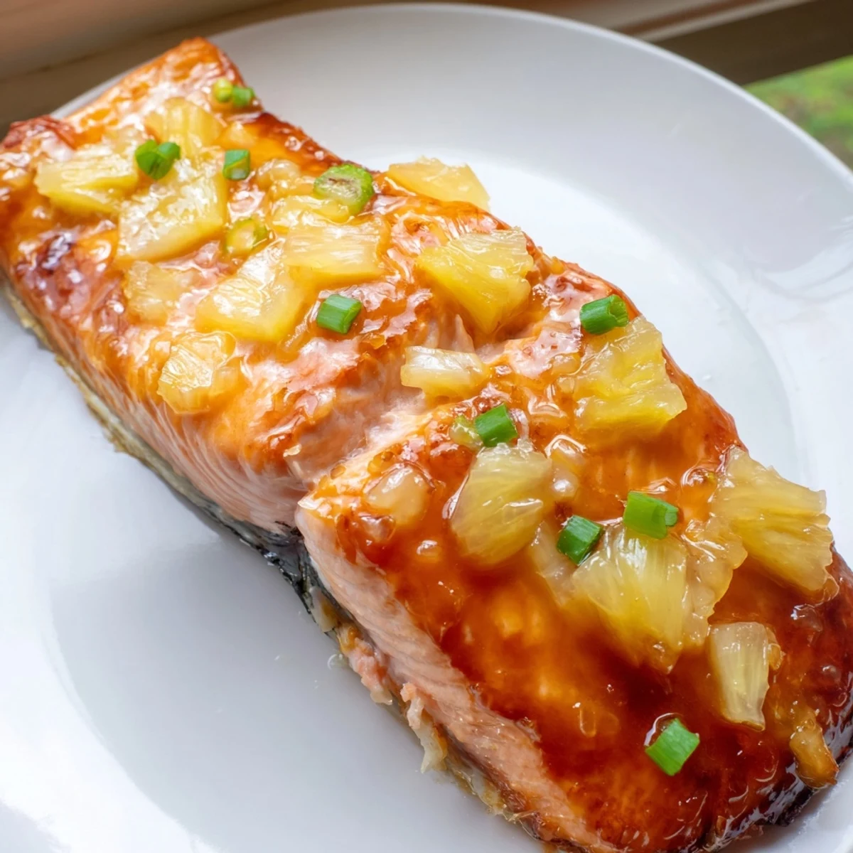 Honey pineapple glazed salmon recipe served over jasmine rice with fresh cilantro and lime wedges
