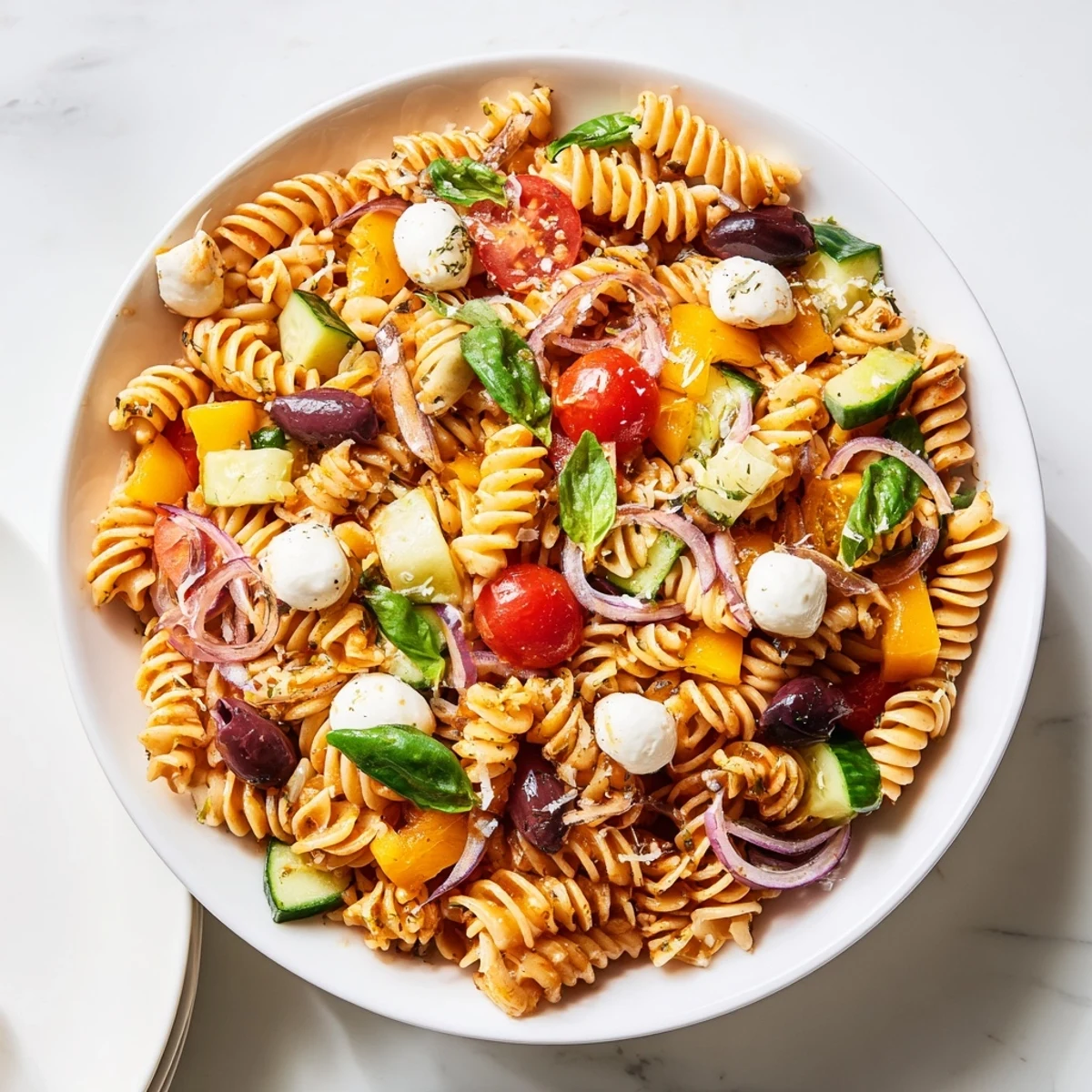 Colorful vegetarian Italian pasta salad tossed with ripe cherry tomatoes and fresh basil leaves