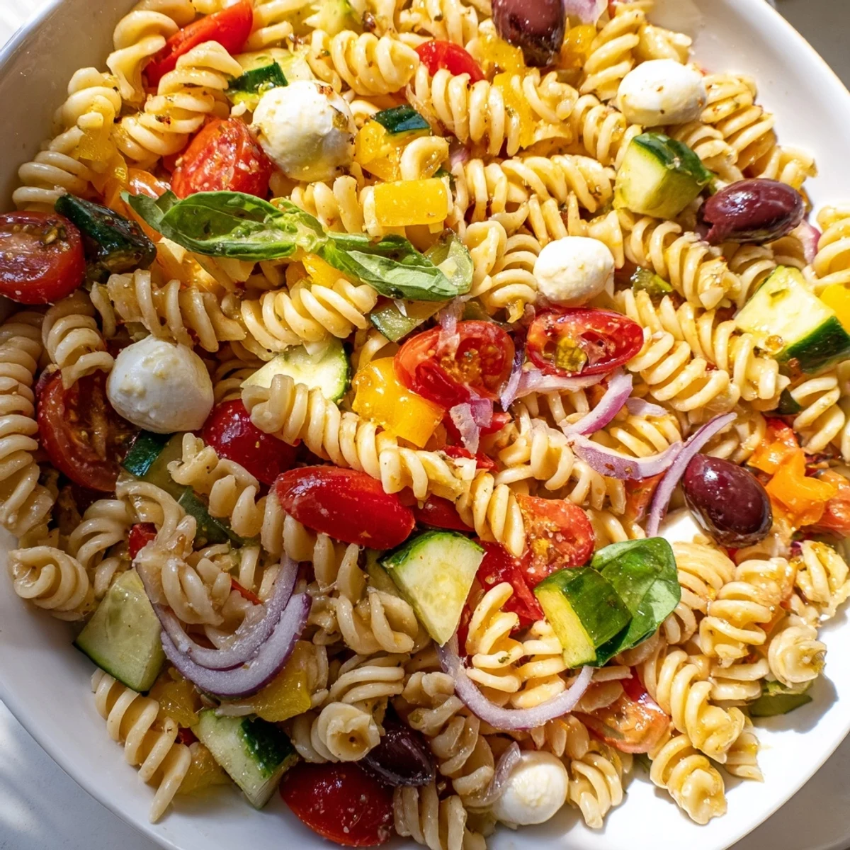 Tender fusilli coated in tangy vinaigrette with olives in this vegetarian Italian pasta salad