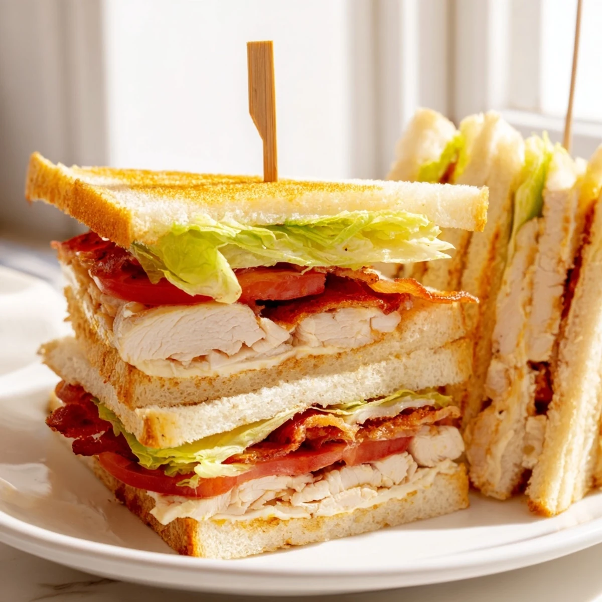Triple-layered club sandwich with crispy bacon, roasted chicken, and fresh lettuce on golden toast