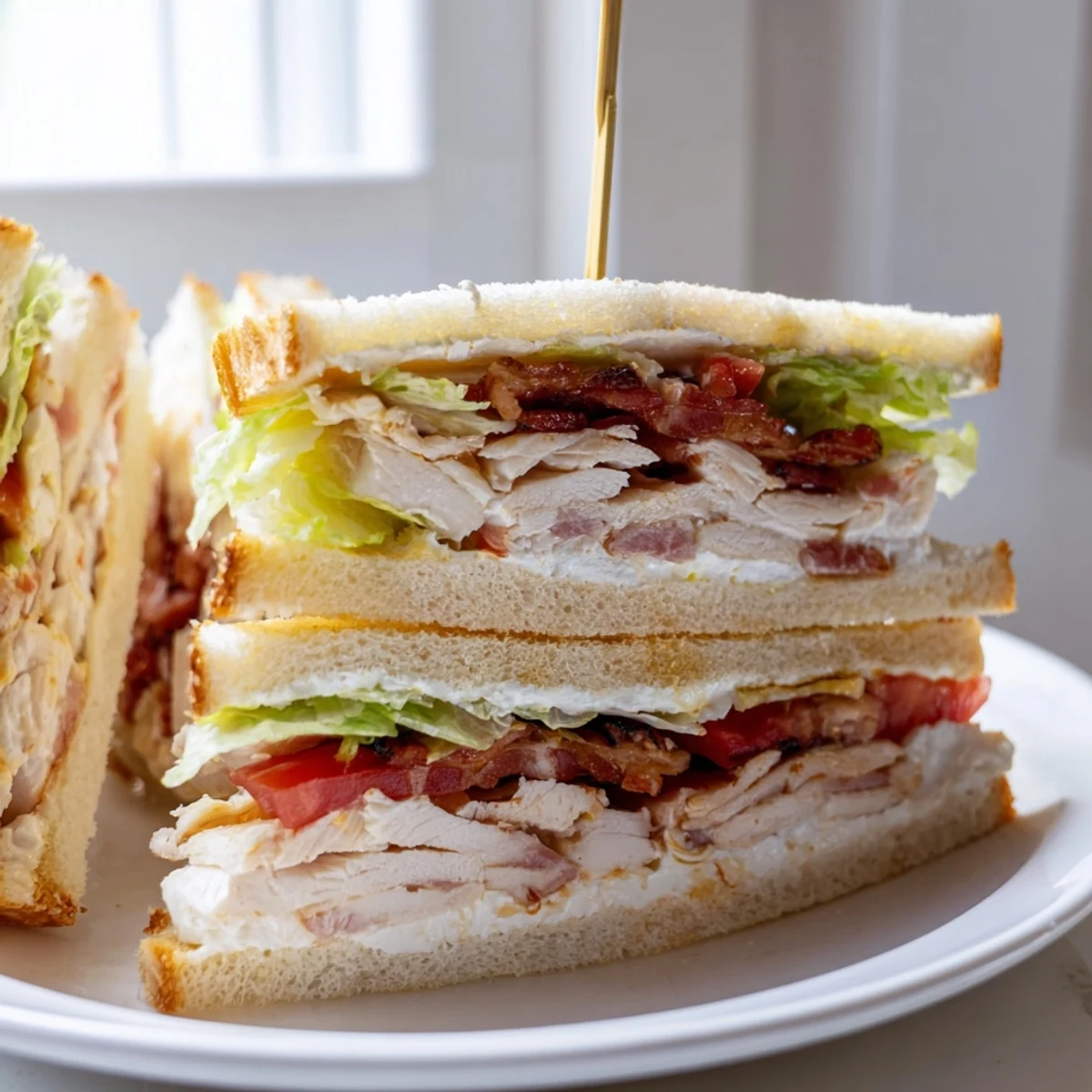 Club sandwich quarters stacked with juicy tomatoes, creamy mayo, and crunchy bacon strips