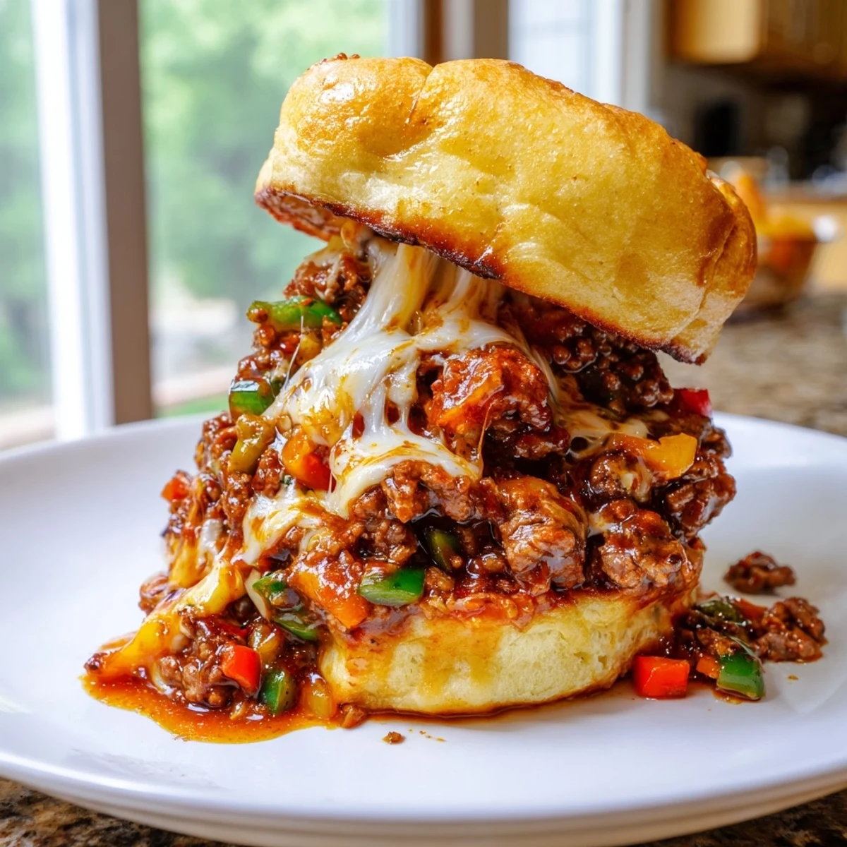 Gooey cheesy Philly Sloppy Joes overflowing with melted provolone on a golden brioche bun