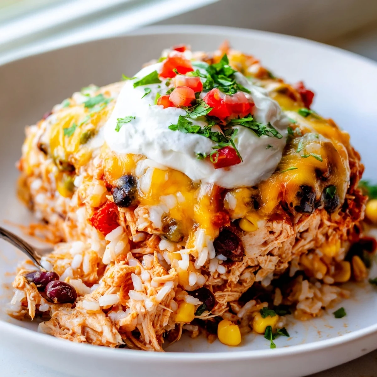 Golden bubbling chicken burrito casserole topped with melted cheddar and fresh cilantro