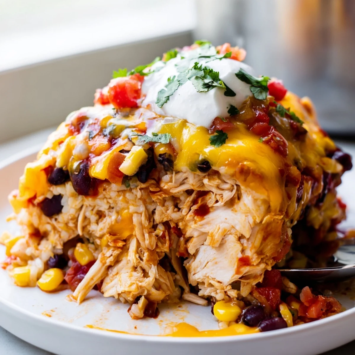 Creamy chicken burrito casserole with black beans, rice, and gooey Monterey Jack cheese
