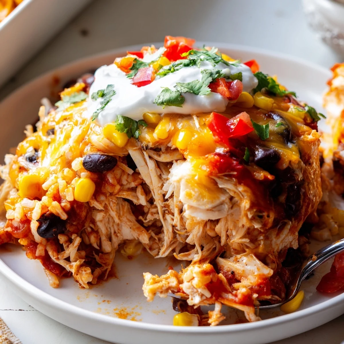 Steaming scoop of chicken burrito casserole loaded with tender shredded chicken and roasted peppers