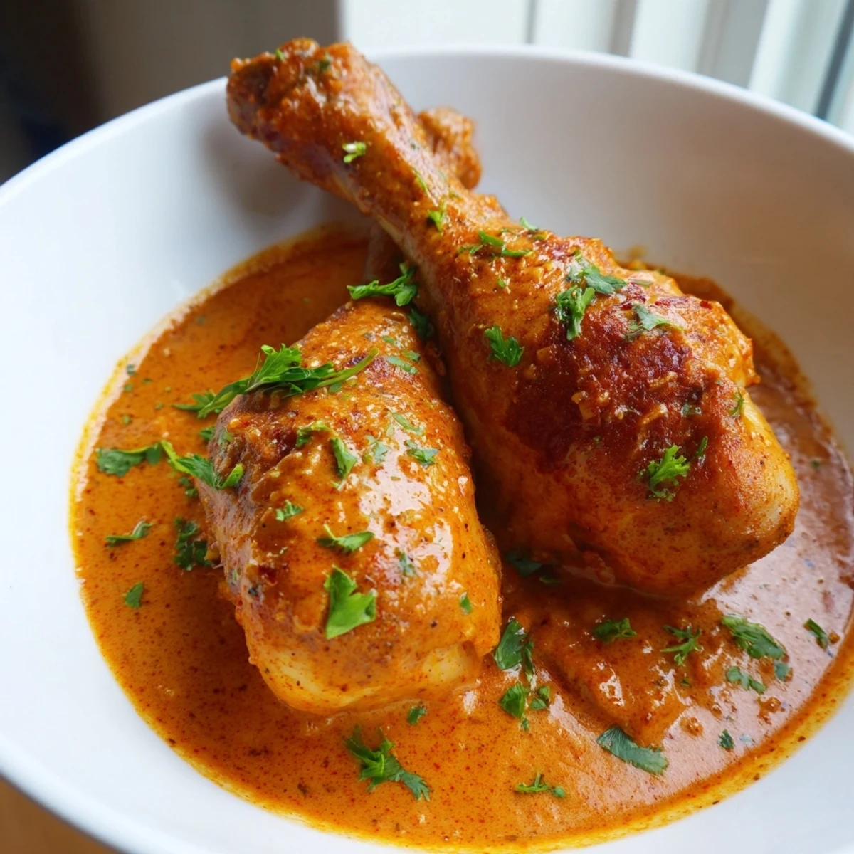 Golden creamy paprika chicken drumsticks glistening in a rich, velvety red sauce