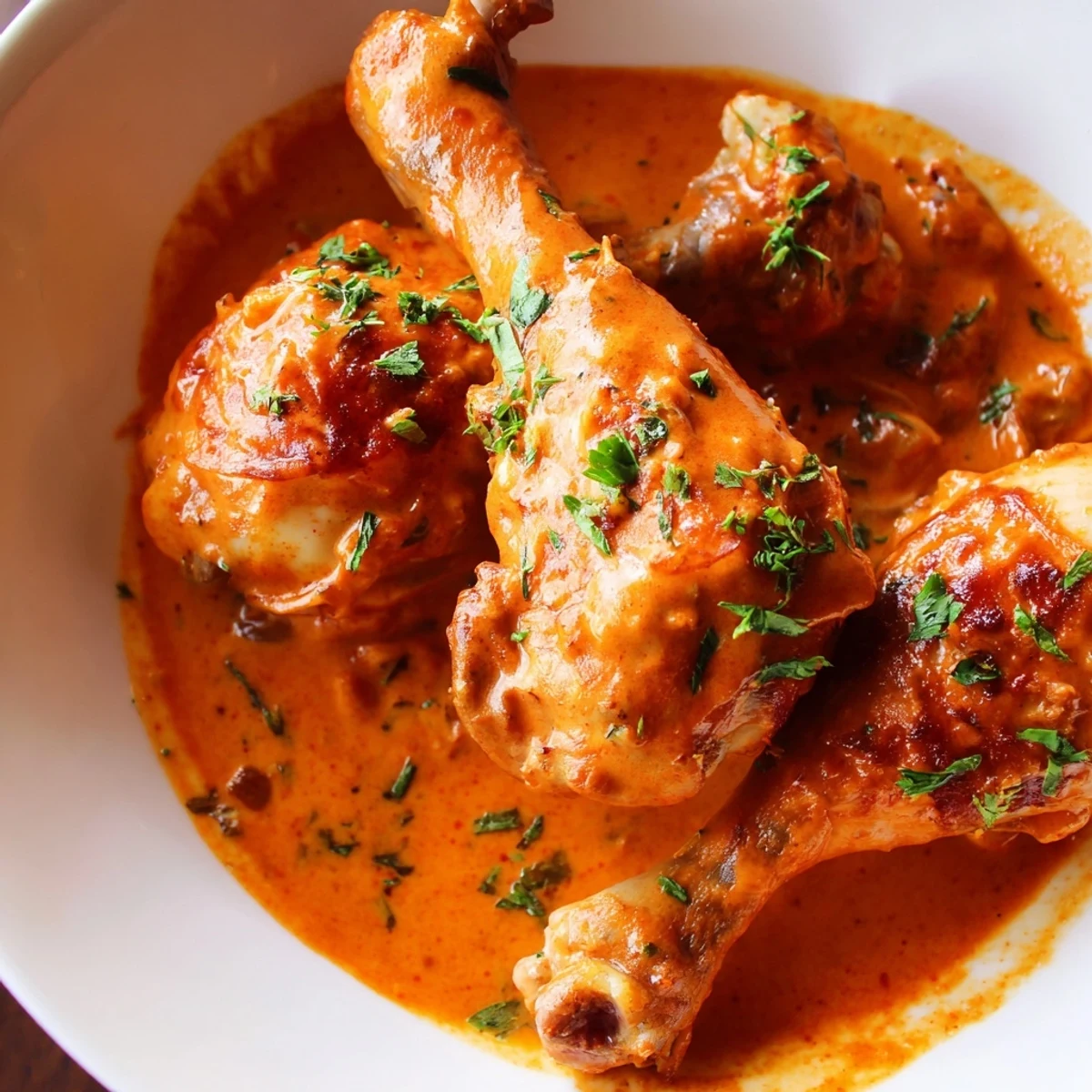 Juicy paprika chicken drumsticks nestled in a smoky cream sauce with parsley garnish