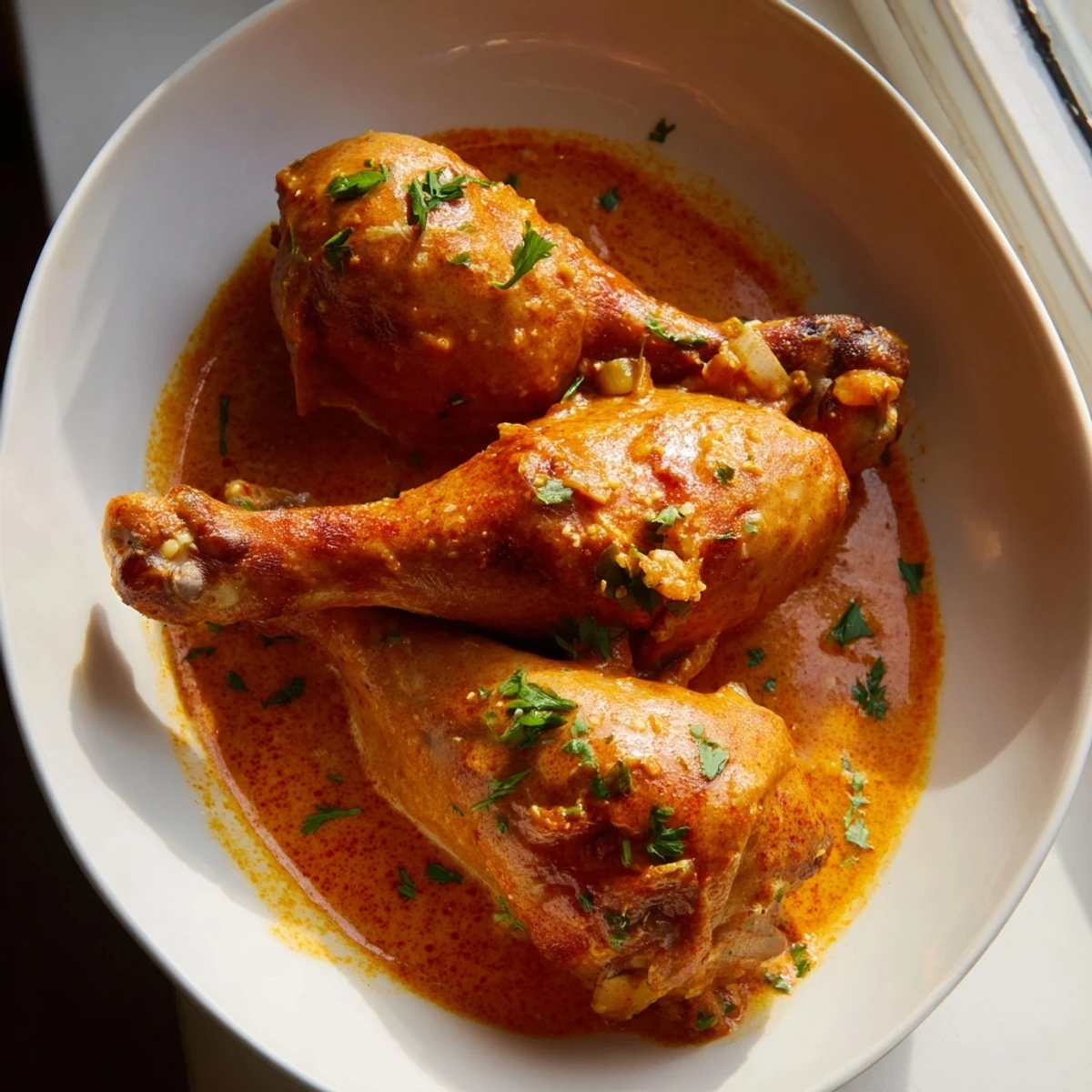 Tender paprika chicken drumsticks coated in a luscious, golden cream sauce ready to serve