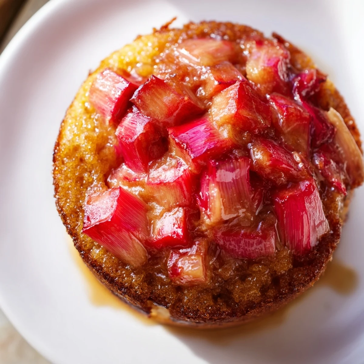 Golden upside down rhubarb muffins with caramelized pink fruit on a wire cooling rack